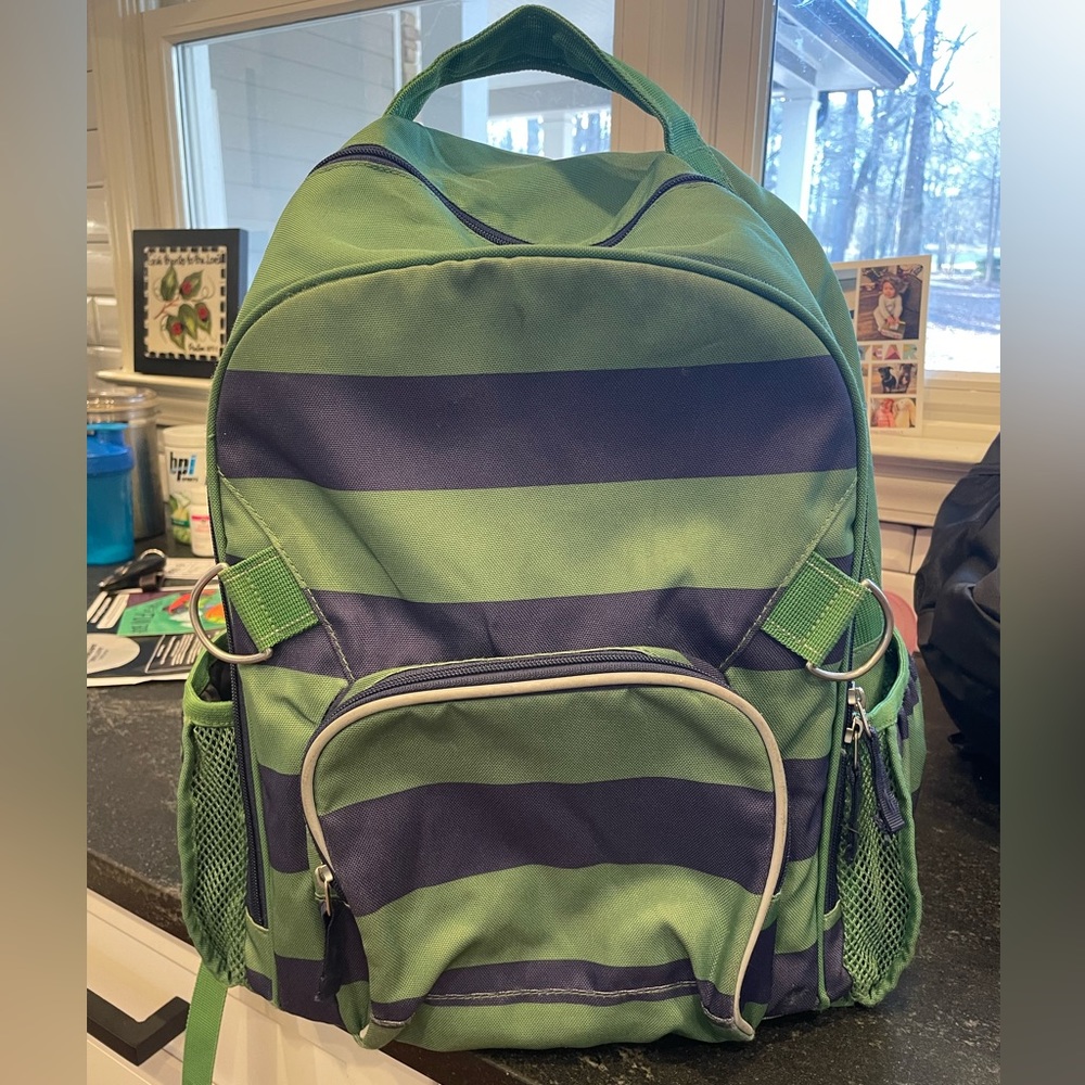 Pottery barn kids backpack medium green navy stripe